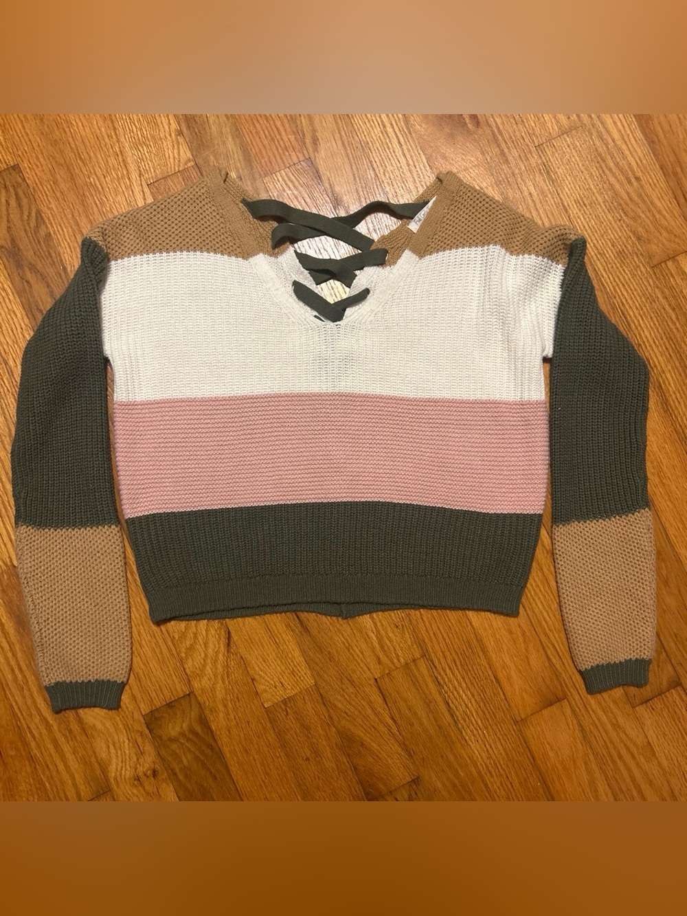 Full Circle Trends Colorblock Lace-Up V-Neck Sweater - Pink, Olive & Cream